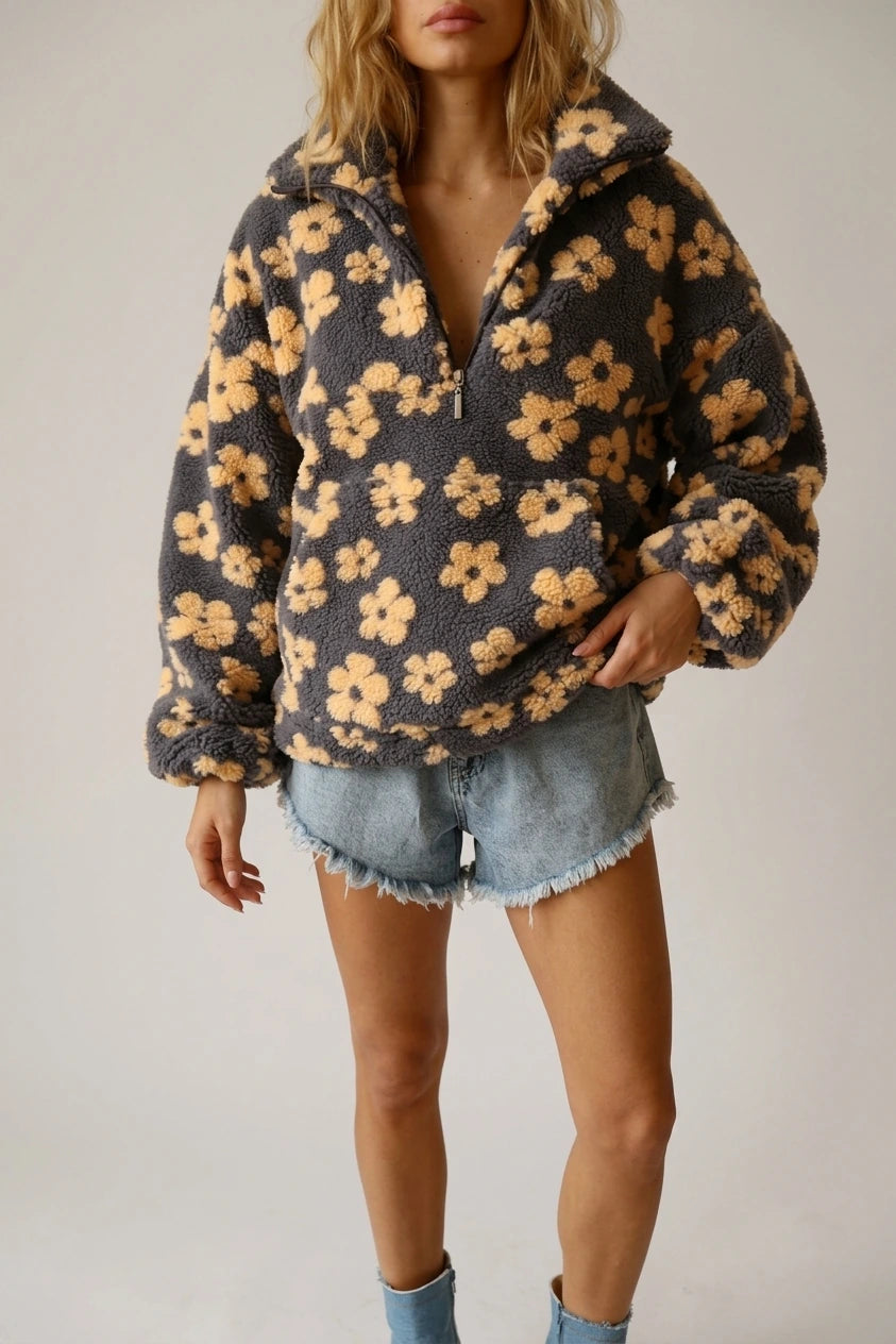 Oversized Floral Teddy Fleece Jacket with Half Zip — variant_front