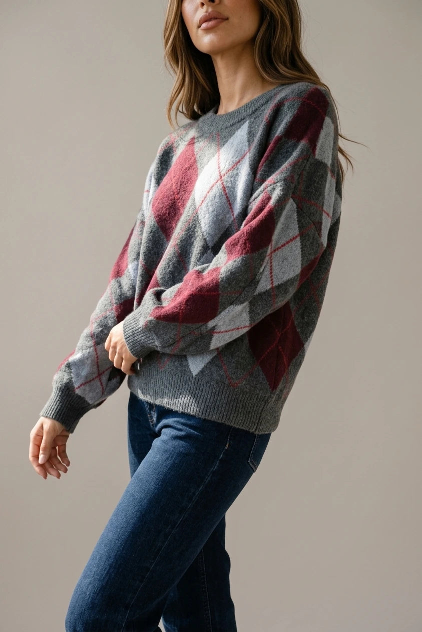 Women’s Argyle Pattern Knit Jumper – Crew Neck Long Sleeve Sweater — variant_front