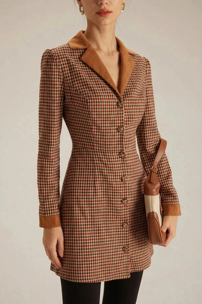 Plaid Spliced Suede Mini Dress With Contrast Collar, Long Sleeves And Button Front