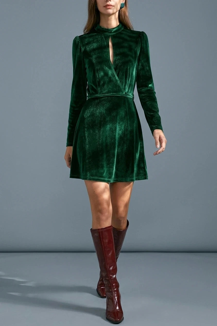 Stand Collar Cut Out Velvet Mini Dress With Long Sleeves And Wrap Waist