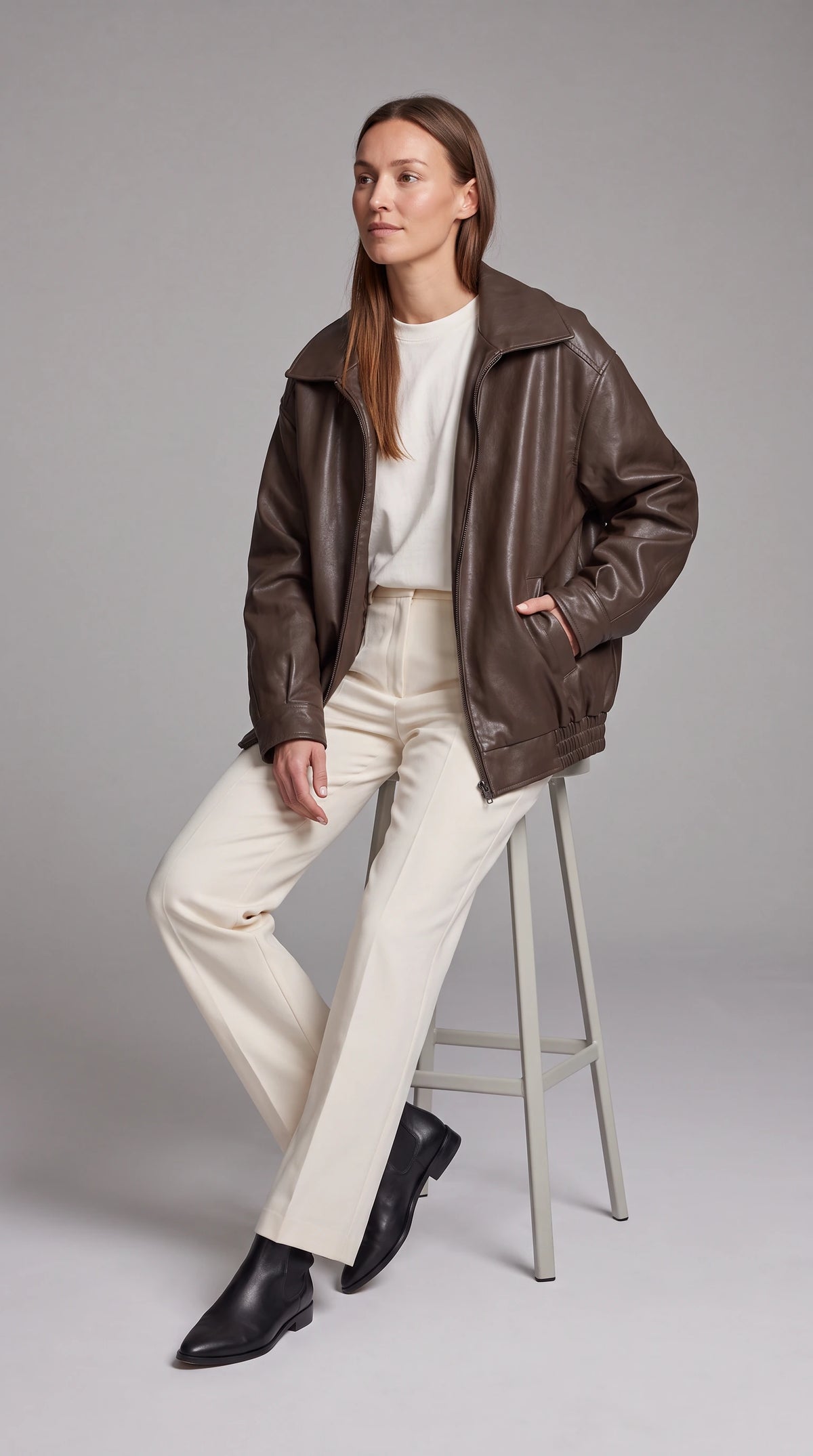 Brown Faux Leather Oversized Bomber Jacket — gallery_03.webp