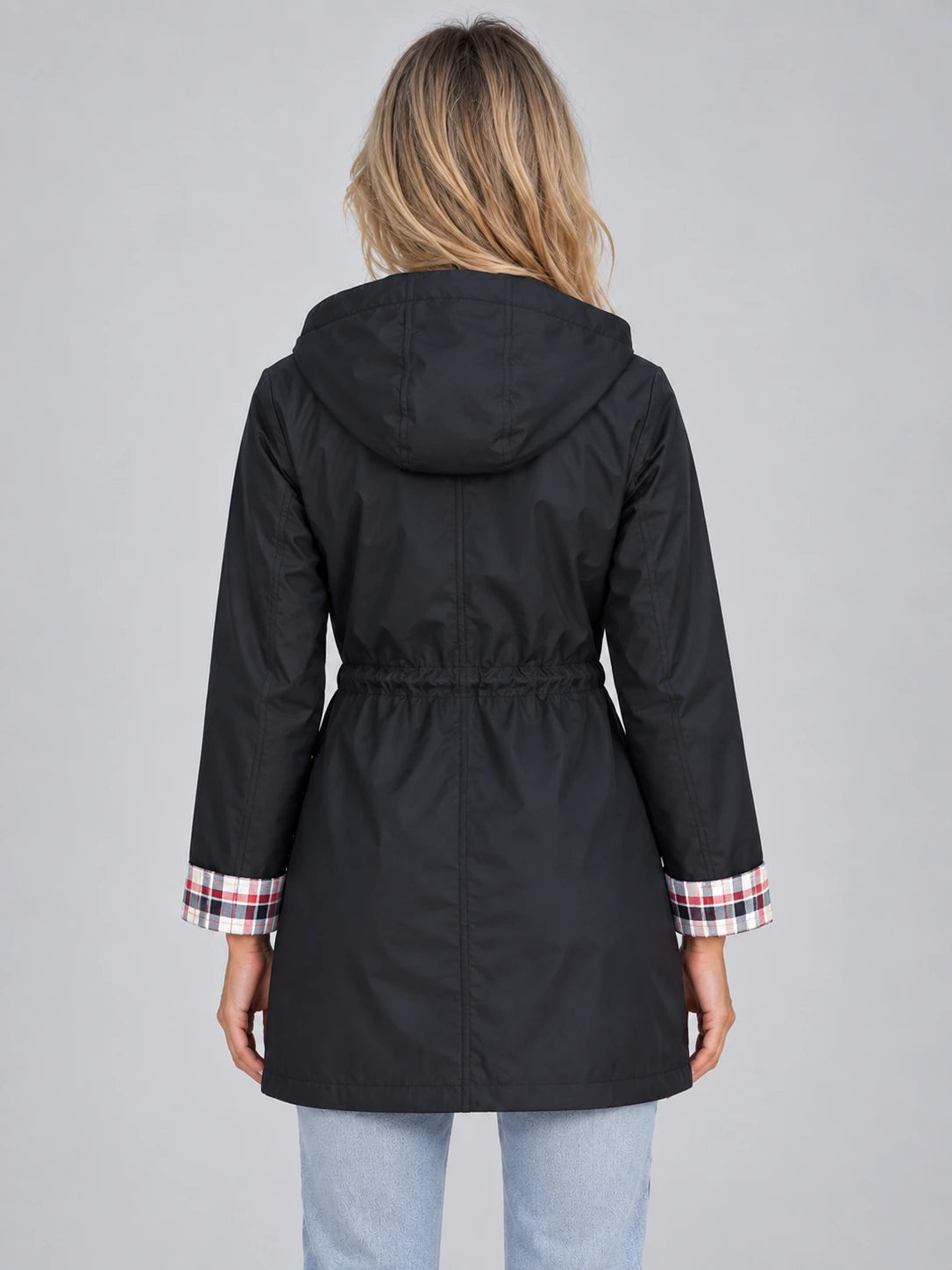 Women’s Longline Hooded Raincoat – Zip Up Parka with Adjustable Drawstring Waist — gallery_02.webp
