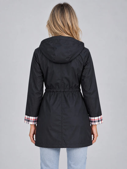 Women’s Longline Hooded Raincoat – Zip Up Parka with Adjustable Drawstring Waist — gallery_02.webp