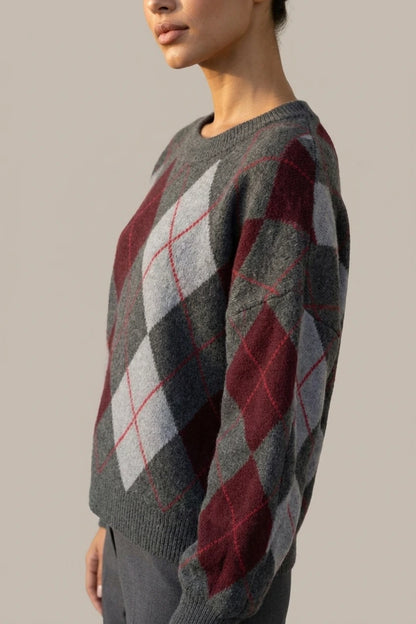 Women’s Argyle Pattern Knit Jumper – Crew Neck Long Sleeve Sweater — variant_front