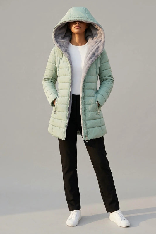 Women's Hooded Quilted Coat with Zip Front and Side Pockets — variant_front