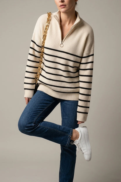 Women's Striped Ribbed Jumper with Zip Neckline — variant_front