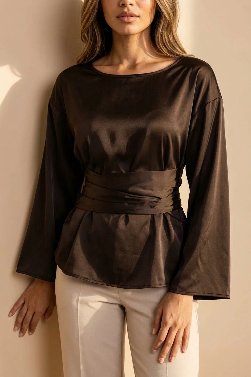 Women’s Satin Look Tie Waist Blouse – Long Sleeve Draped Evening Top — variant_front