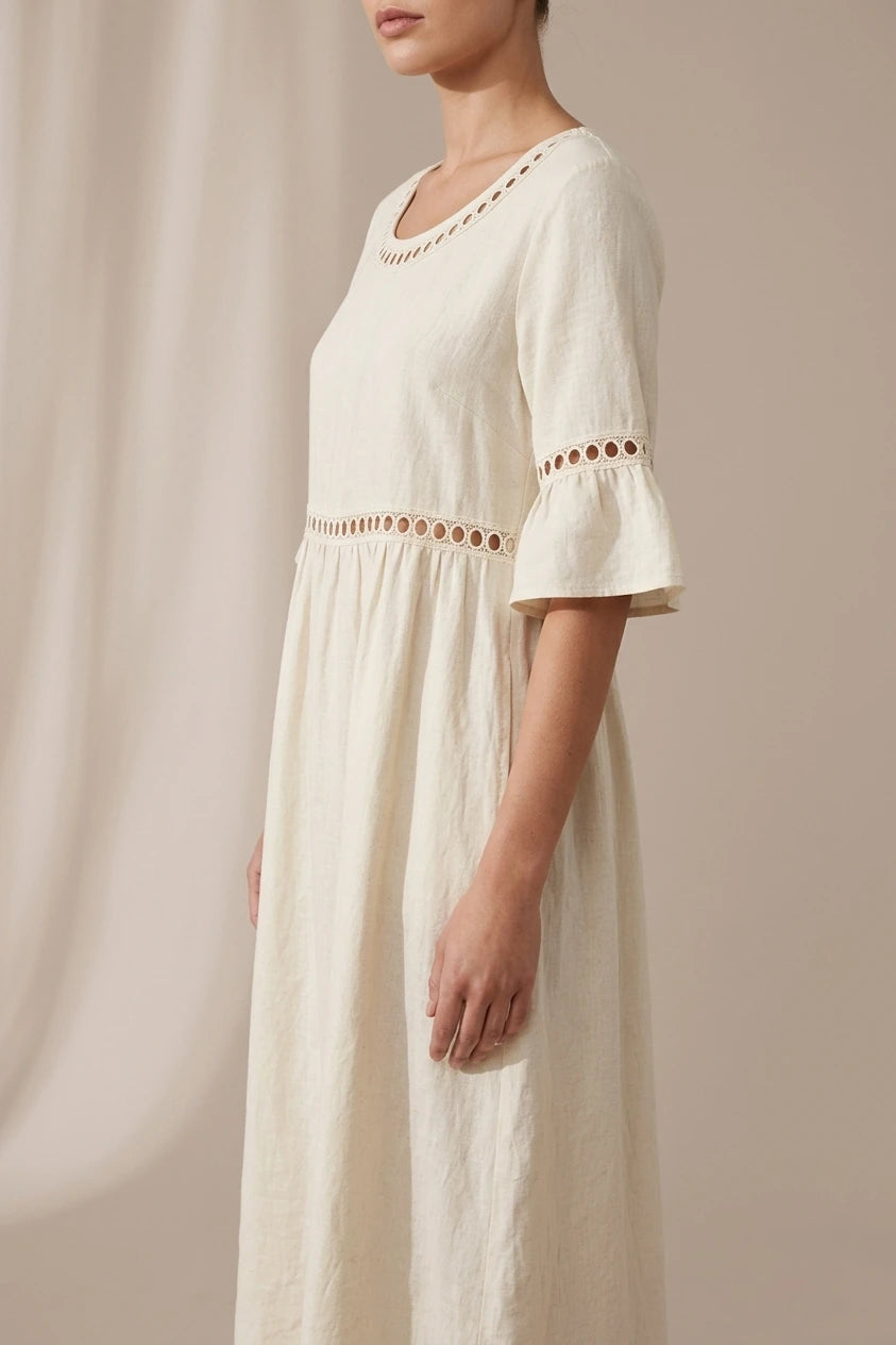 Relaxed Linen Summer Midi Dress with Hollow Out Detail and Flared Sleeves — variant_front