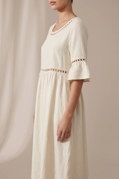 Relaxed Linen Summer Midi Dress with Hollow Out Detail and Flared Sleeves — variant_front