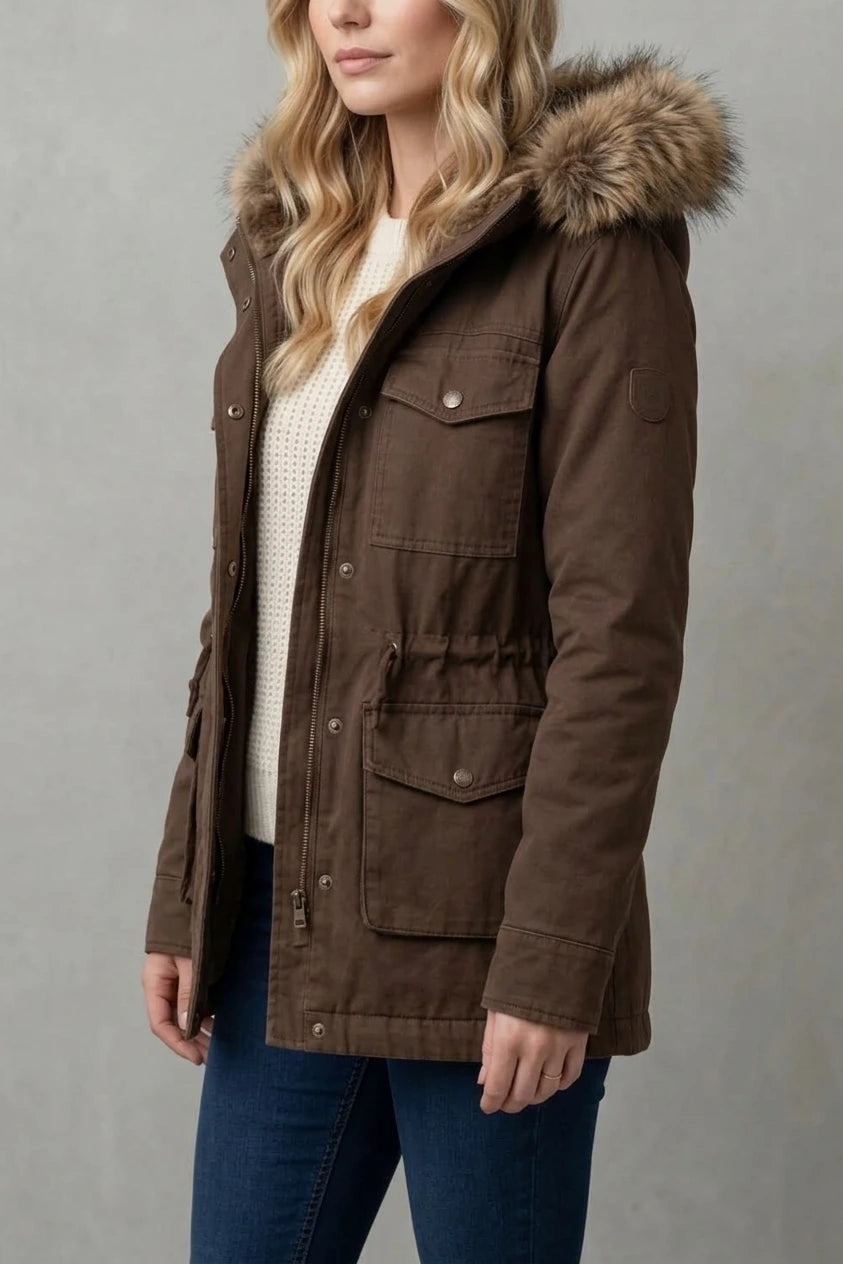 Brown Hooded Parka with Fur Trim Hood and Flap Pockets — variant_front