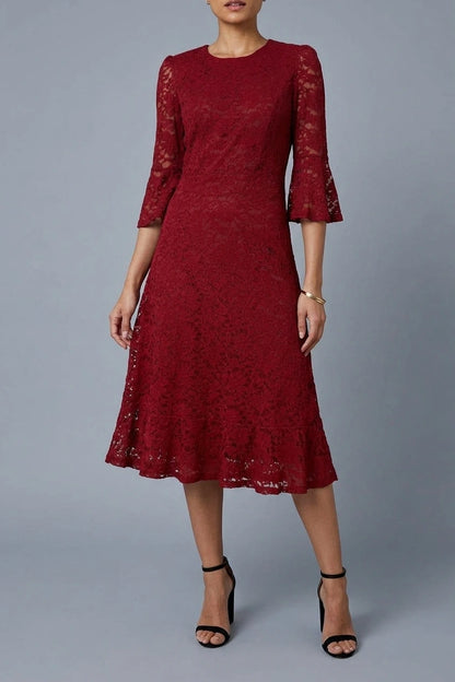 Lace Semi Sheer 3/4 Flute Sleeve Midi Dress — variant_front