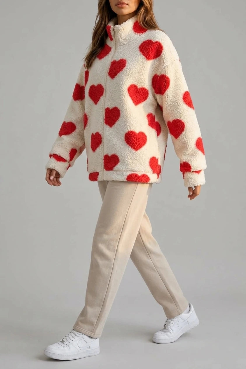Women’s Heart Print Teddy Fleece Jacket – Zip Up Relaxed Fit Sherpa — variant_front