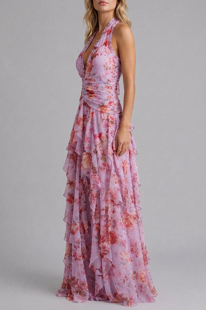 Women’s Floral Halter Maxi Dress – Wedding Guest Evening Gown — variant_front