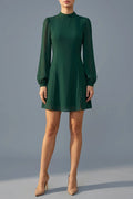 Stand Collar Mini Dress With Sheer Bishop Sleeves And Side Slit