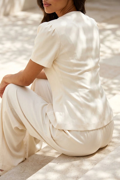 Women’s Tailored Two-Piece Trouser Suit – Short Sleeve Blazer & Wide Leg Trousers Set — variant_front