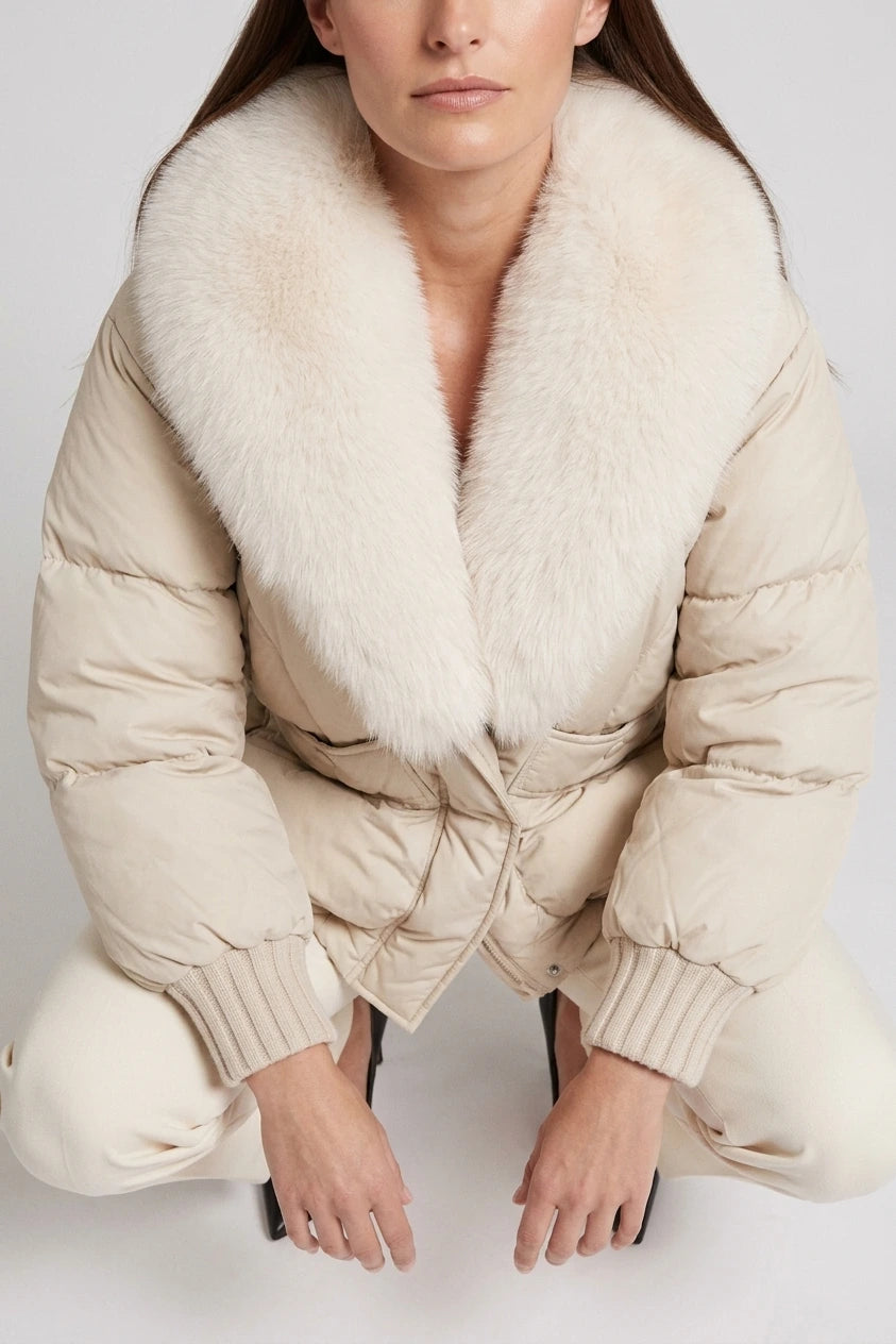 Beige Padded Puffer Jacket Oversized Collar — variant_front