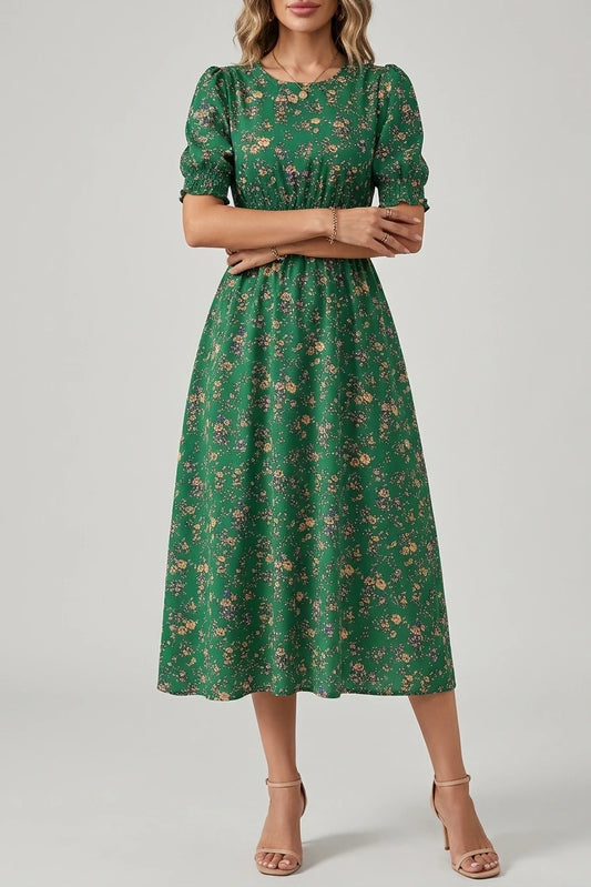 Floral Puff Sleeves Smocked Waist A-Line Midi Dress — variant_front