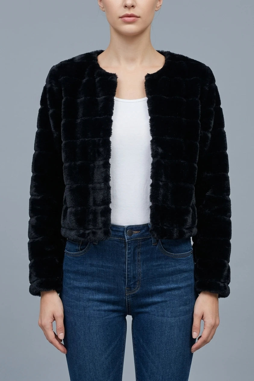 Winter Warm Cropped Collarless Faux Fur Fluffy Jacket — variant_front