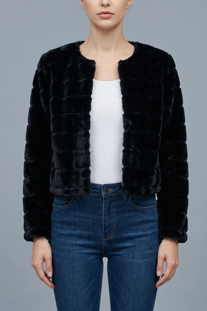 Winter Warm Cropped Collarless Faux Fur Fluffy Jacket — variant_front