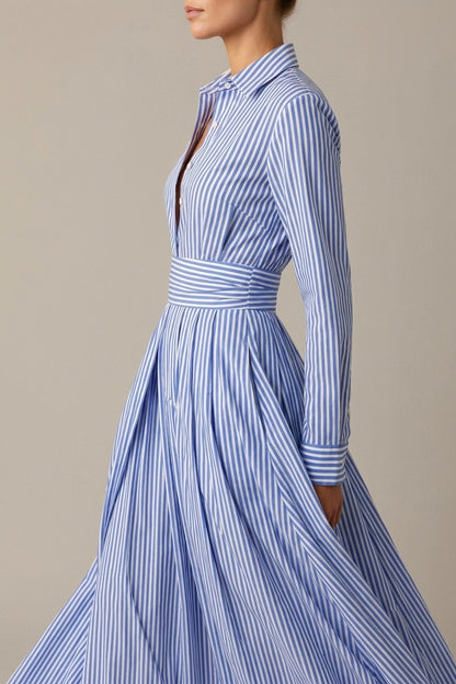 Women’s Cotton Striped Shirt Maxi Dress – Cinched Waist Flowing Style — variant_front