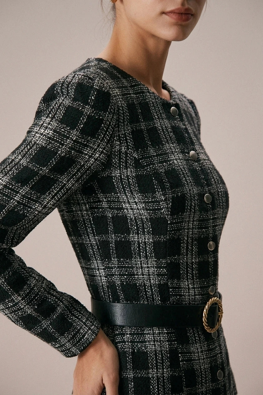 Crew Neck Plaid A-Line Mini Dress With Button Front And Long Sleeves