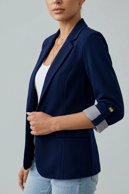 Flattering Rolled Sleeves Notched Lapel Buttoned Lightweight Office Casual Jacket Blazer — variant_front