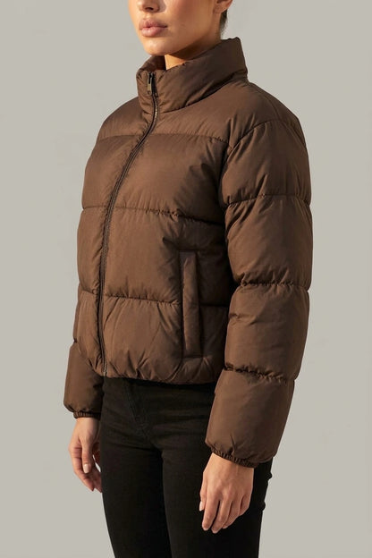 Women’s Cropped Puffer Jacket – High Neck Full Zip Padded Coat — variant_front