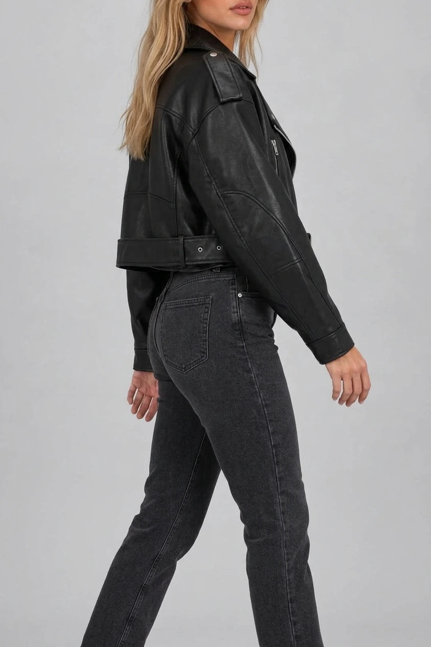 Women’s Cropped Biker Jacket – Belted Zip Motorcycle Style — variant_front