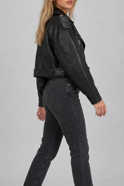 Women’s Cropped Biker Jacket – Belted Zip Motorcycle Style — variant_front