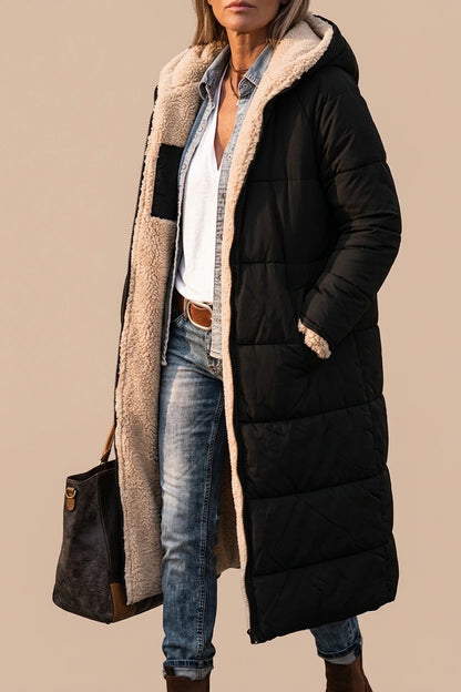 Women's Hooded Reversible Long Coat with Teddy Lining — variant_front