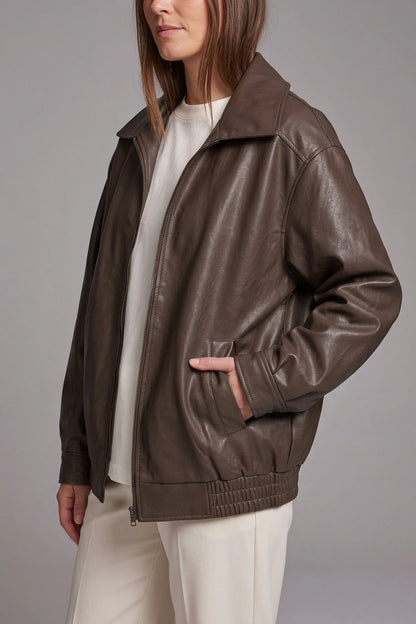 Brown Faux Leather Oversized Bomber Jacket — variant_front