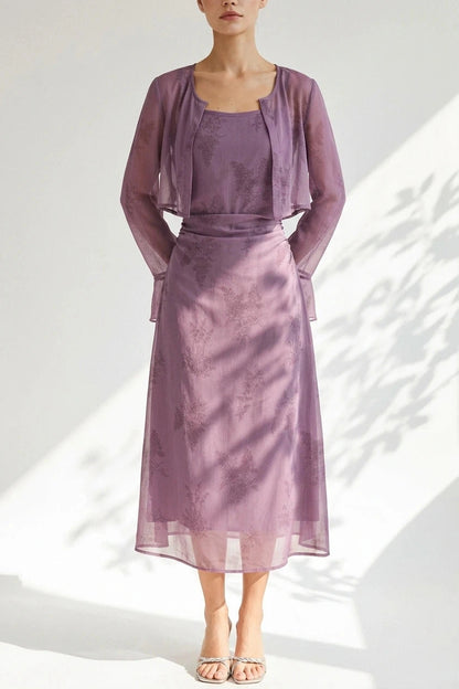 Floral Ruched Slip Midi Dress With Sheer Cropped Jacket