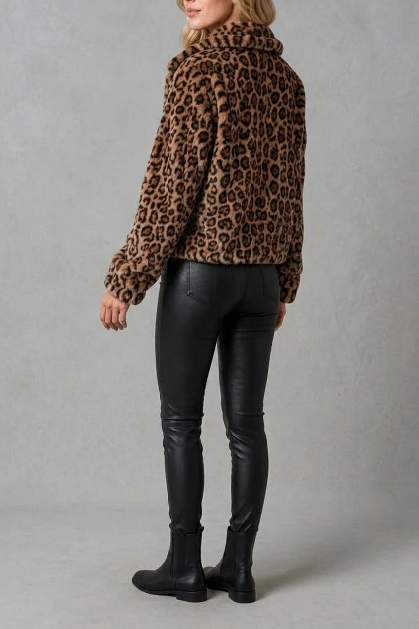 Women’s Leopard Print Fur Cropped Jacket – Soft Teddy Winter Coat — variant_front