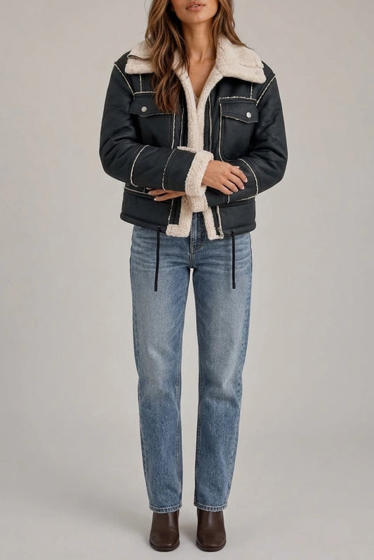 Women’s Shearling Look Aviator Jacket – Faux Fur Collar Zip-Up Coat — variant_front