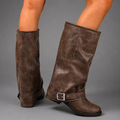 Brown Knee High Slouch Boots Buckle — gallery_02.webp