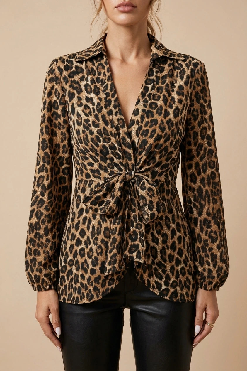 Leopard Print Wrap Blouse with Tie Waist Office to Evening Long Sleeves Top — variant_front