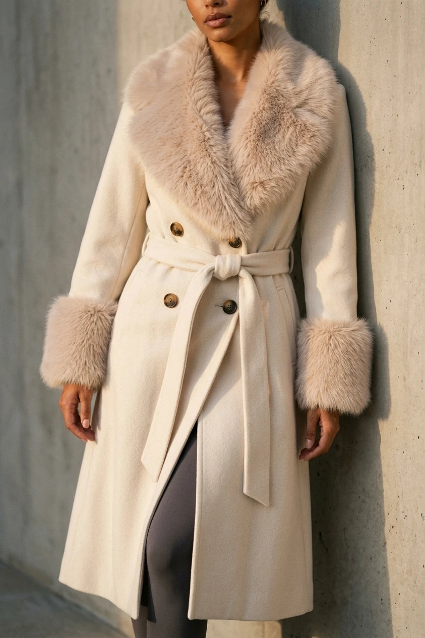 Women’s Faux Fur Collar Coat – Belted Double Breasted Long Winter Coat — variant_front