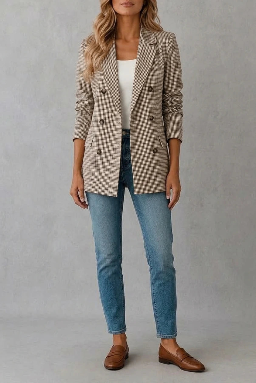 Women’s Double-Breasted Plaid Blazer – Long Sleeve Smart Tailored Jacket — variant_front