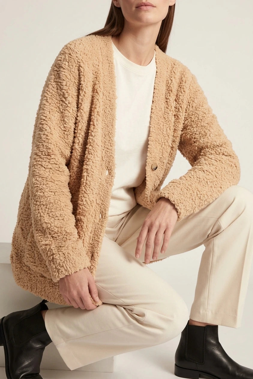 Beige Plush Cardigan Soft Knit — variant_front
