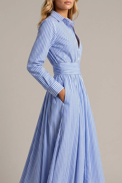 Women’s Cotton Striped Shirt Maxi Dress – Cinched Waist Flowing Style — variant_front