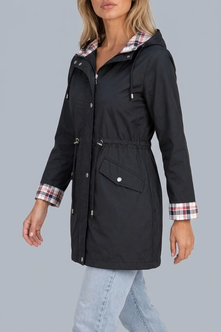 Women’s Longline Hooded Raincoat – Zip Up Parka with Adjustable Drawstring Waist — variant_front
