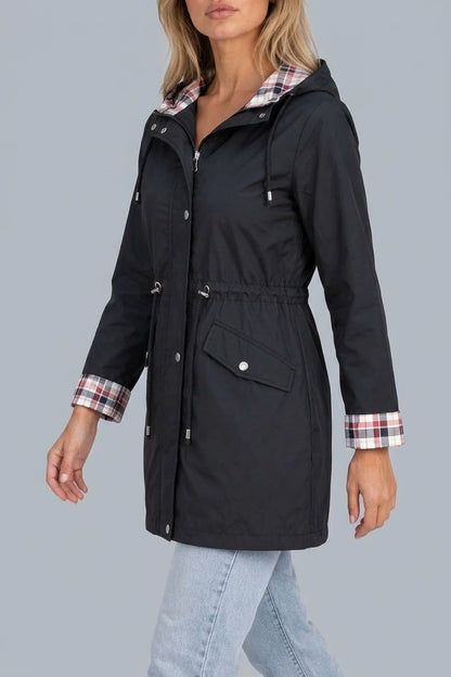 Women’s Longline Hooded Raincoat – Zip Up Parka with Adjustable Drawstring Waist — variant_front
