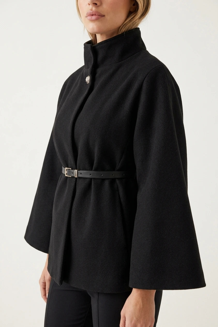 Women’s Belted Cape Jacket – High Neck Flared Sleeve Coat — variant_front