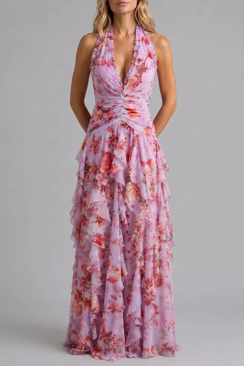 Women’s Floral Halter Maxi Dress – Wedding Guest Evening Gown — variant_front