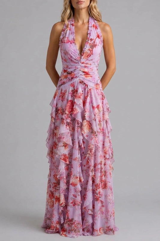 Women’s Floral Halter Maxi Dress – Wedding Guest Evening Gown — variant_front