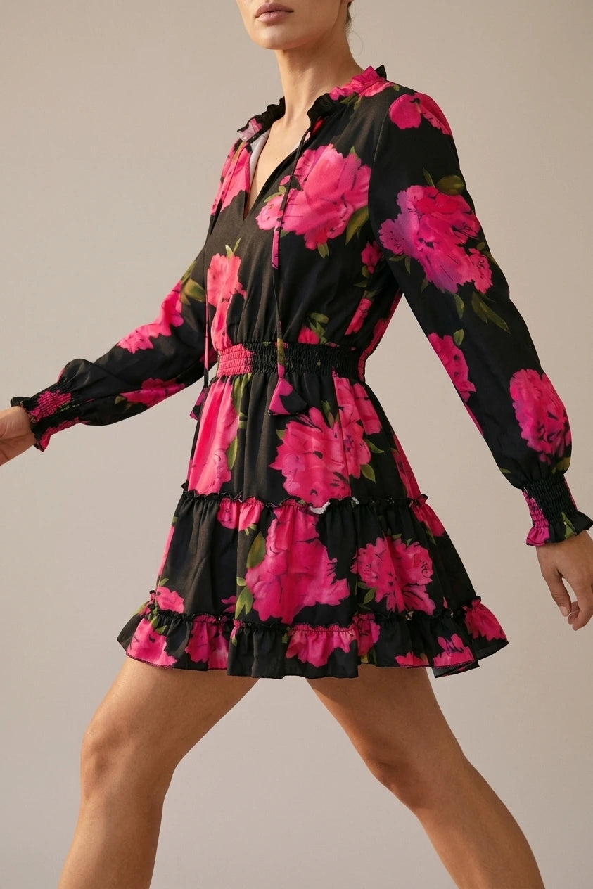 Ruffled Printed V-Neck Fitted Long Sleeve Tiered Dress — variant_front
