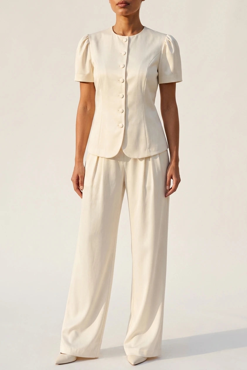 Women’s Tailored Two-Piece Trouser Suit – Short Sleeve Blazer & Wide Leg Trousers Set — variant_front