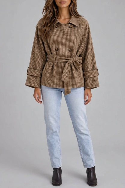 Women’s Short Trench Coat – Double Breasted Belted Jacket with Check Pattern — variant_front