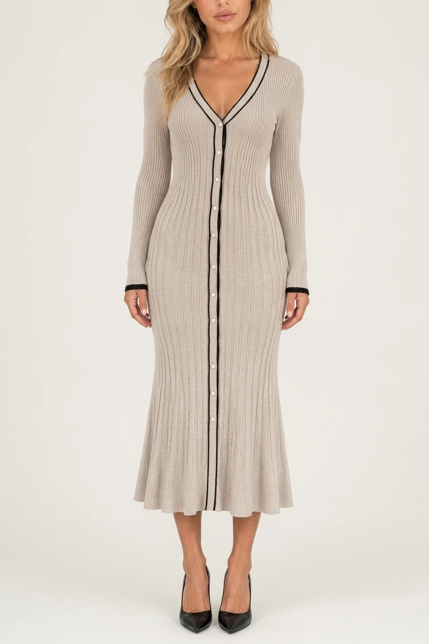 Women’s Ribbed Button Front Midi Dress – V-Neck Long Sleeve Knitted Style — variant_front