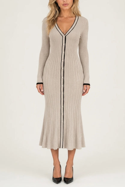 Women’s Ribbed Button Front Midi Dress – V-Neck Long Sleeve Knitted Style — variant_front